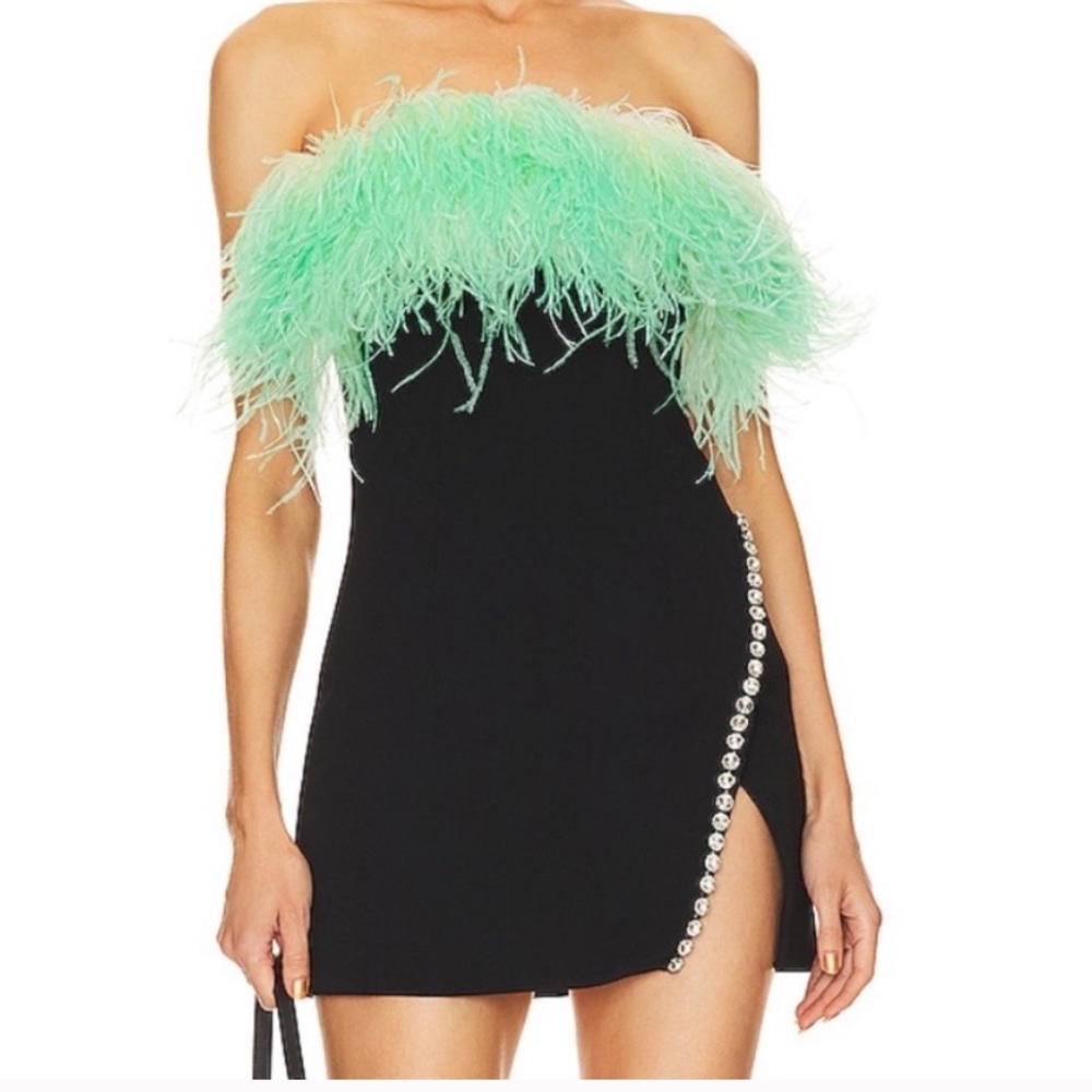 Self-Portrait Black and Green Feather Strapless Dress